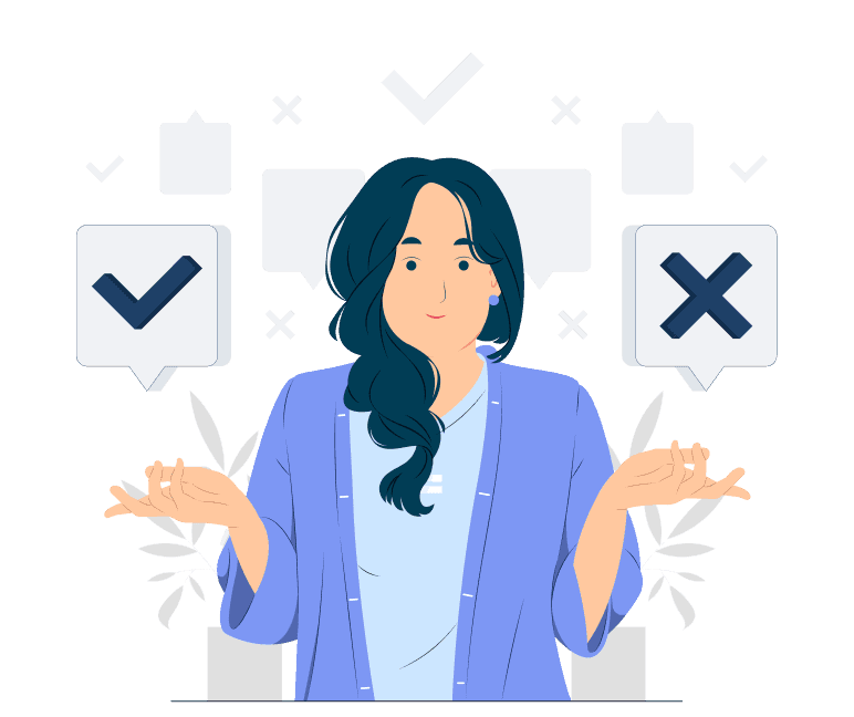 Woman deciding between yes and no, surrounded by question marks.